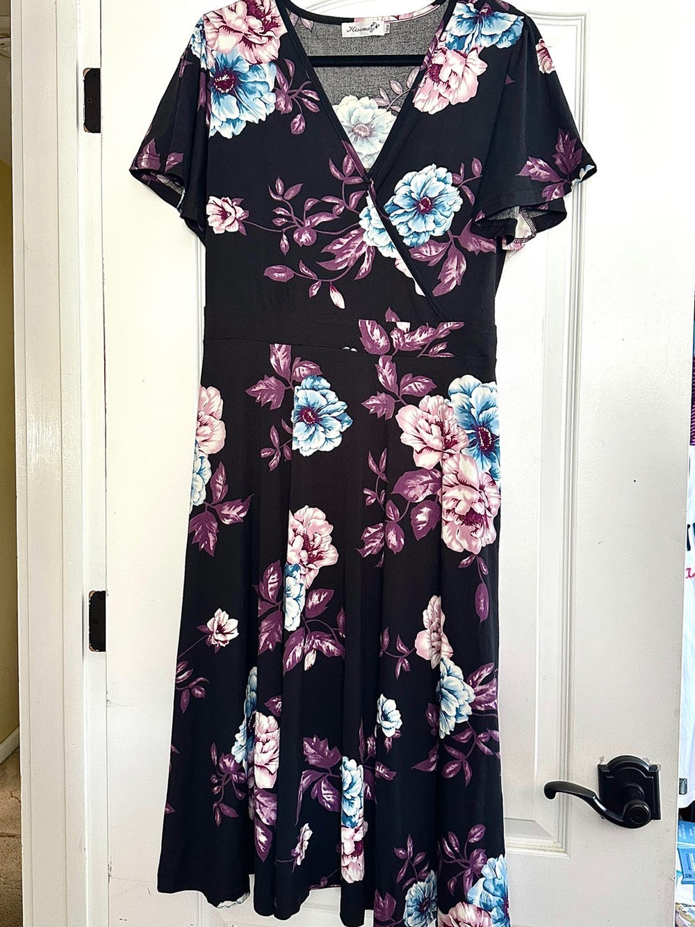 Floral V-Neck Black Dress with Blue & Pink Blooms - Size 18W